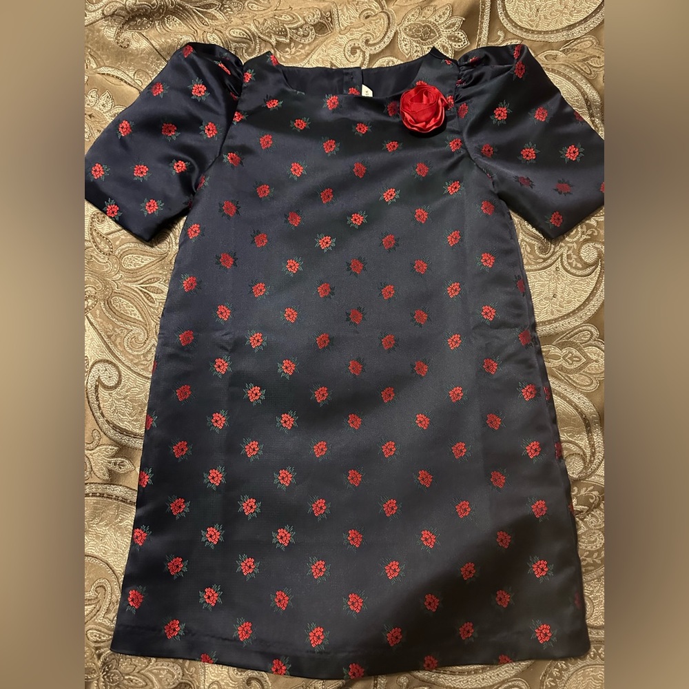 Janie and Jack silky navy with red roses size 7 dress girls